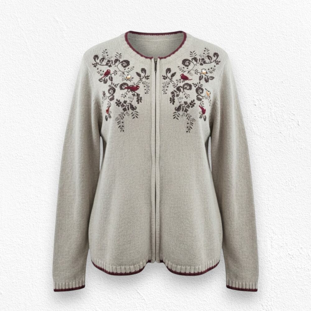Y2K Croft and Barrow Embroidered Bird Zip Cardigan Cottage Knit Size Medium
